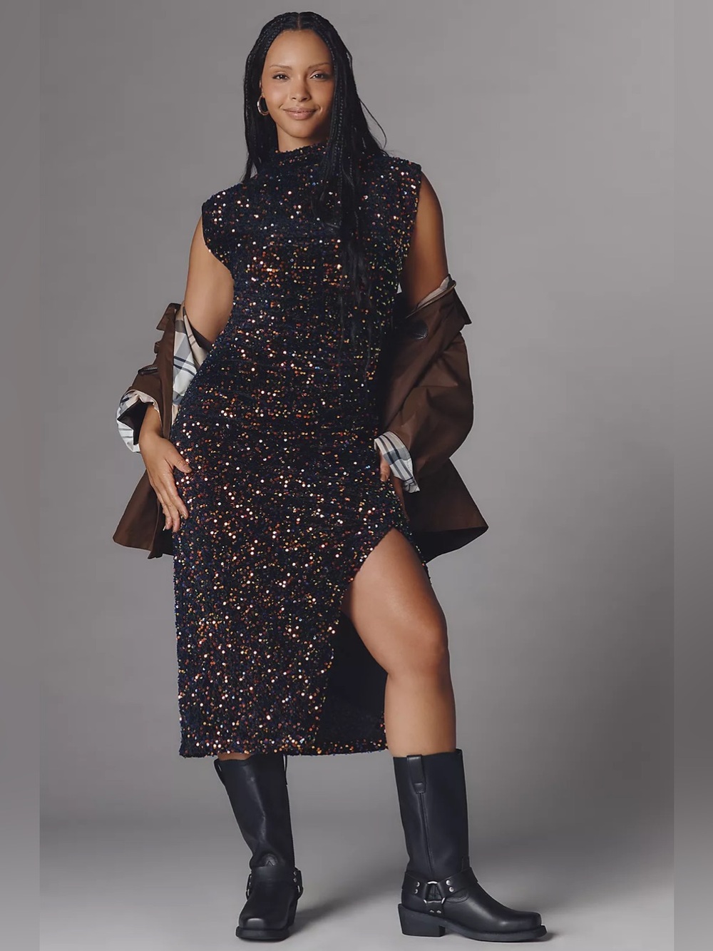 Maya Ruched Cowl-Neck Sequin Mesh Dress
